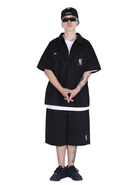 西海岸奇卡诺Chicano花体字刺绣美式半拉链工装短袖衬衫短裤套装