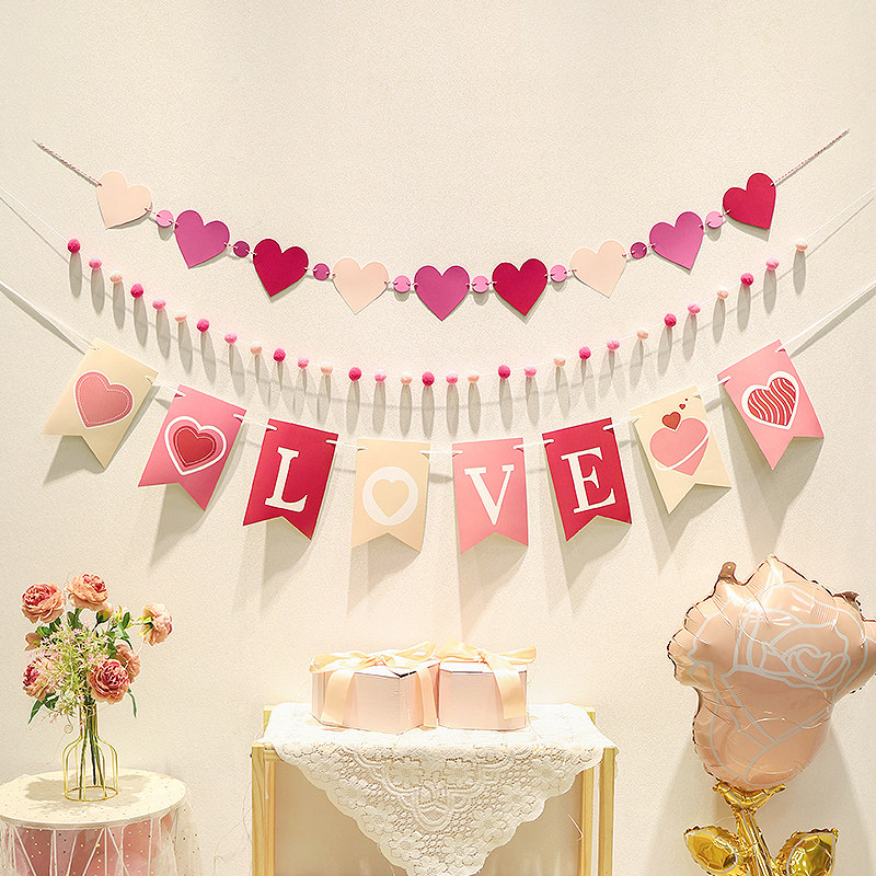 情人节氛围结婚婚礼装饰拉旗拉花LOVE挂饰珠宝店铺背景墙场景布置