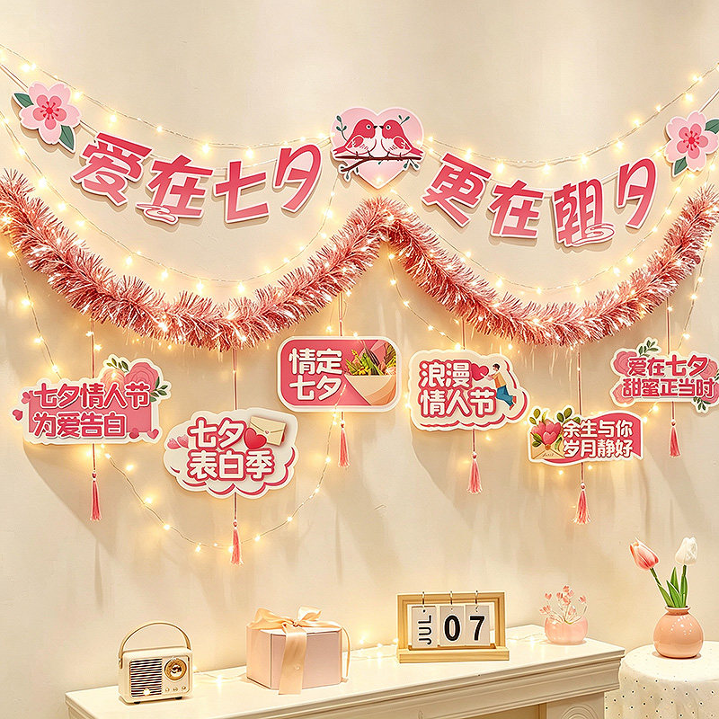 浪漫七夕情人节装饰拉花拉旗彩条吊饰挂件告白店铺活动场景布置品