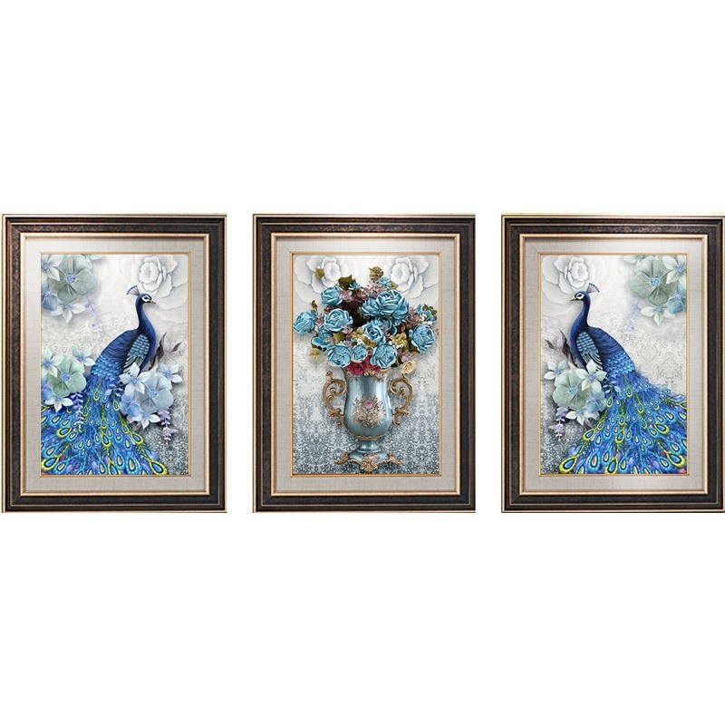 热销现代简约贴钻花卉孔雀吉祥如意十字绣北欧装饰三联画图片