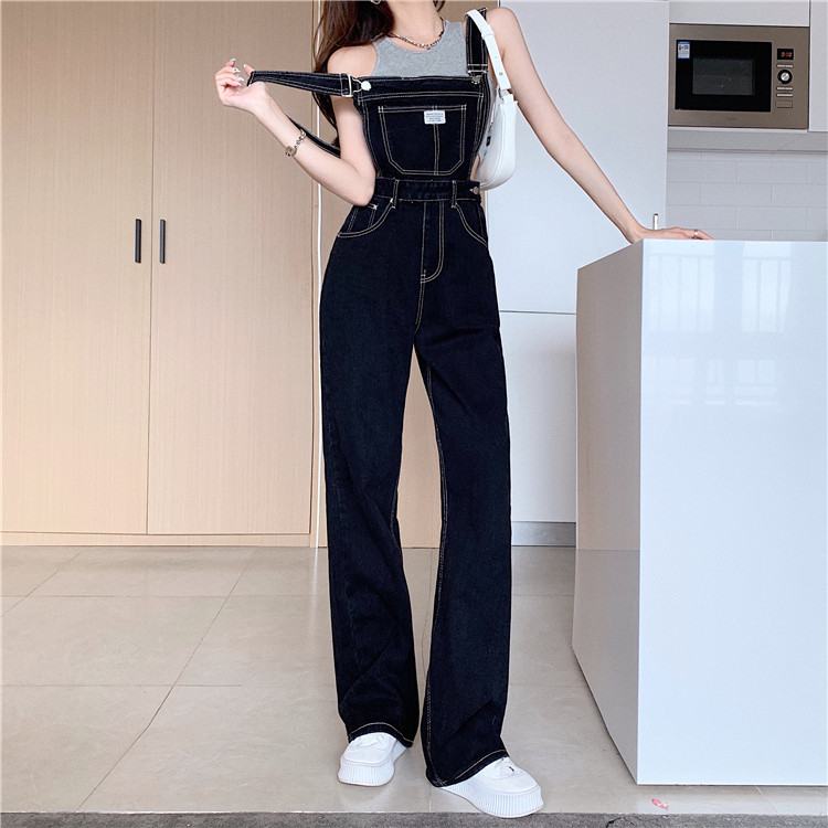 2024 NEW SPRING LONG LEG BLACK DENIM BIB WOMENS HIGH WAIST SLIM LOOSE JUMPSUIT WIDE LEG TROUSERS