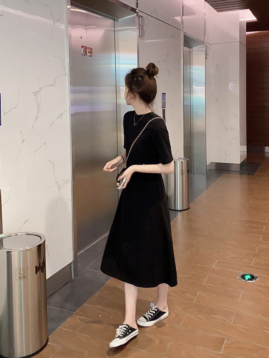 2024 SUMMER NEW FOREIGN ROUND NECK TEMPERAMENT OVER-THE-KNEE DRESS WOMENS SHORT SLEEVE MIDI SKIRT CINCHED WAIST AND SHOWED THIN LITTLE BLACK DRESS