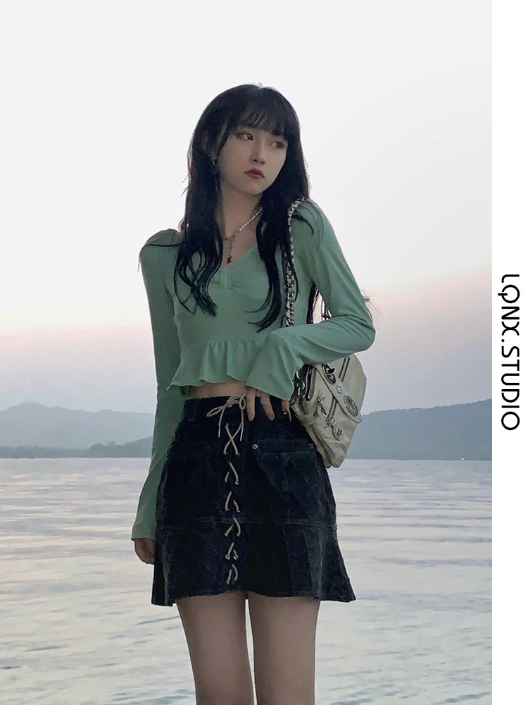 2023 NEW FALL BOW TIE OFF SHOULDER T-SHIRT WOMENS SLIM CROP SEXY CROP TOP BASE LAYER