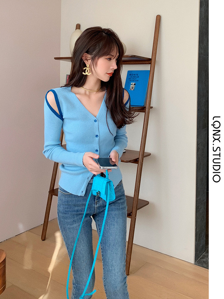 GENTLENESS VINTAGE CONTRAST OFF-THE-SHOULDER KNITWEAR WOMENS AUTUMN 2024 SLIMMING TOP V-NECK SCHEMING CROPPED CARDIGAN