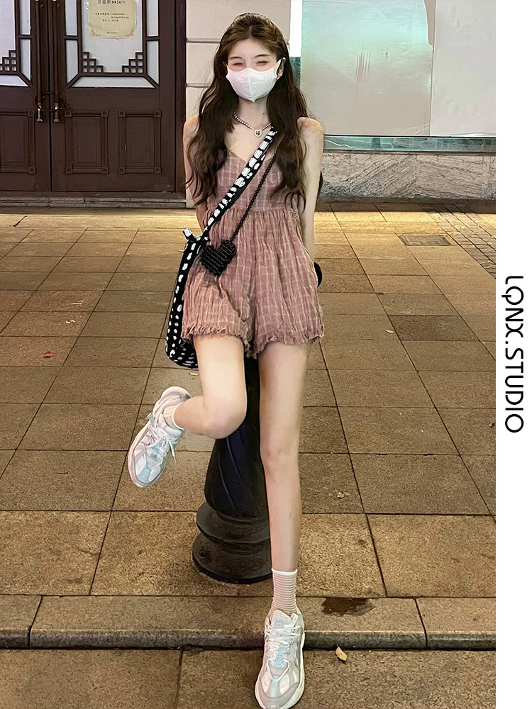 2023 NEW SUMMER WAIST CINCHED THIN LITTLE JUMPSUIT WOMENS PLEATED VERSATILE FOREIGN PLAID SUSPENDER HAKAMA