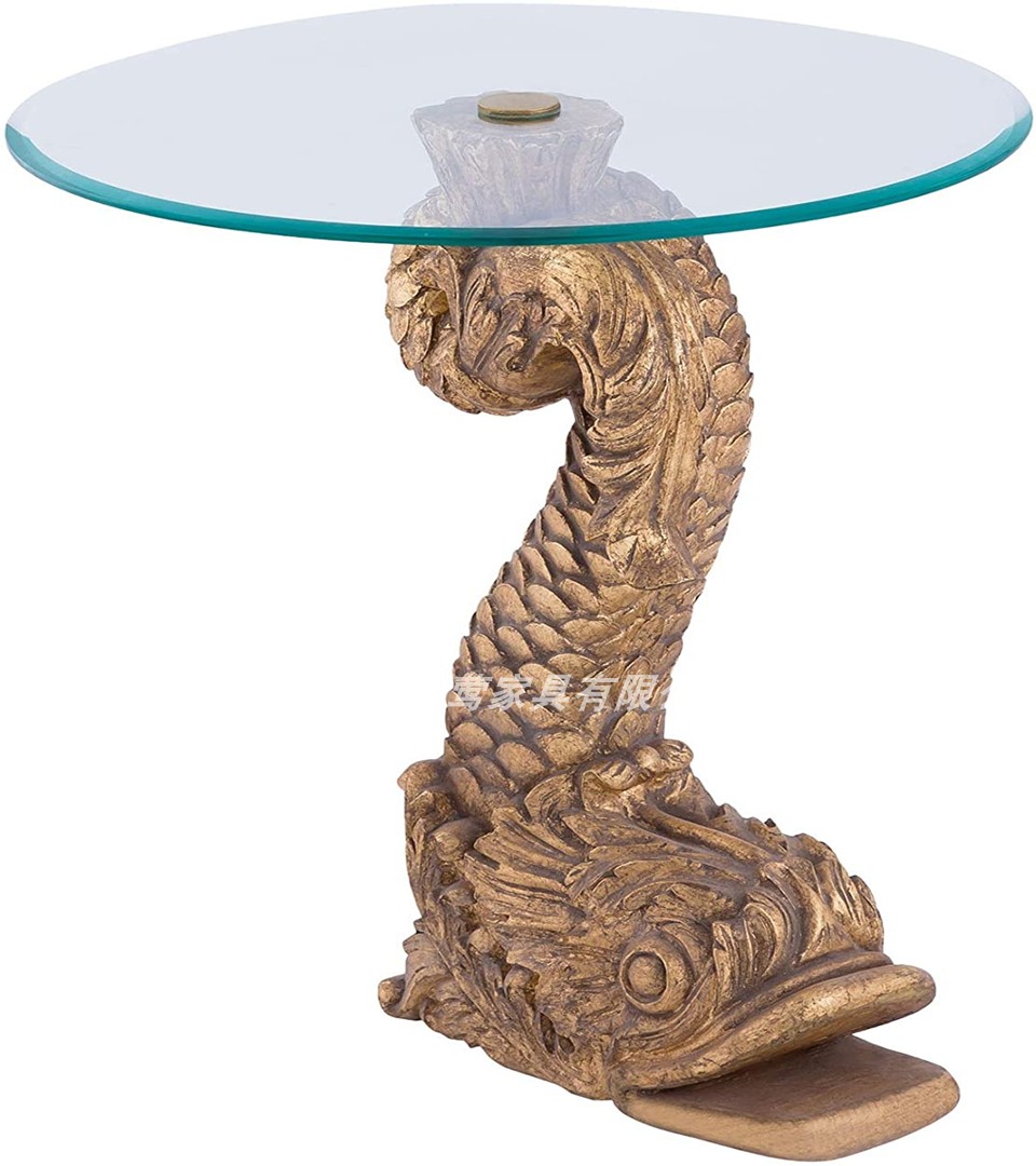 新古典实木雕刻龙鱼造型角几美式奢华边桌圆几设计师创意边几定制