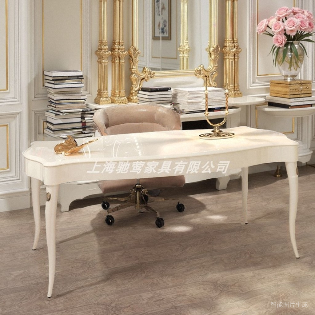 法式轻奢实木书桌椅欧式写字台后现代轻奢白色电脑办公桌书房家具