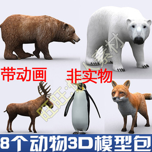 写实动物 北极熊兔子狐狸驼鹿野猪企鹅 FBX带动画 模型 游戏素材