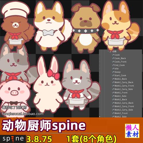 SPine卡通动物猫狗猪主题餐厅厨师PNG序列帧动画游戏源文件