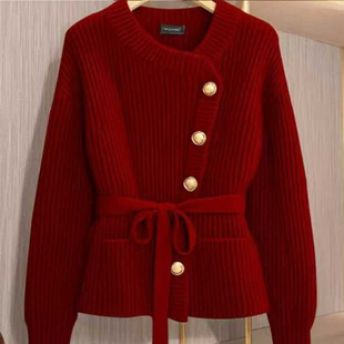 红色高级感开衫毛衣女款2026新款秋冬轻奢时尚百搭减龄小香风外套