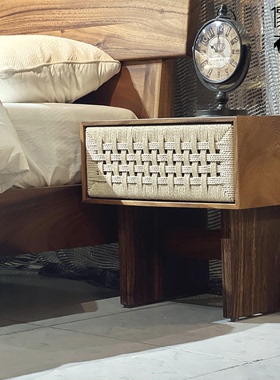 北欧胡桃木实木编织床头柜现代简约床边置物柜可移动角柜收纳柜