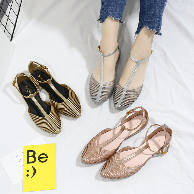 2018夏季新款平底水晶凉鞋包头罗马果冻鞋塑料平跟学生沙滩女鞋