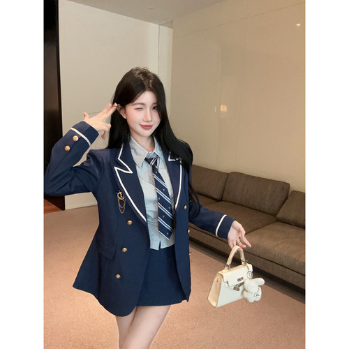 学院风JK制服百搭修身显瘦西装外套衬衫半身裙套装三件套