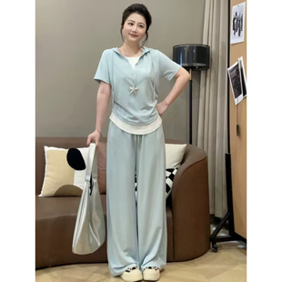 胖mm2026超火夏装 大码 巨显瘦套装 假两件t恤上衣休闲裤 一整套 女装