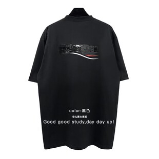 新品 圆领纯棉宽松男女情侣T恤 可乐字母刺绣波浪胶带短袖