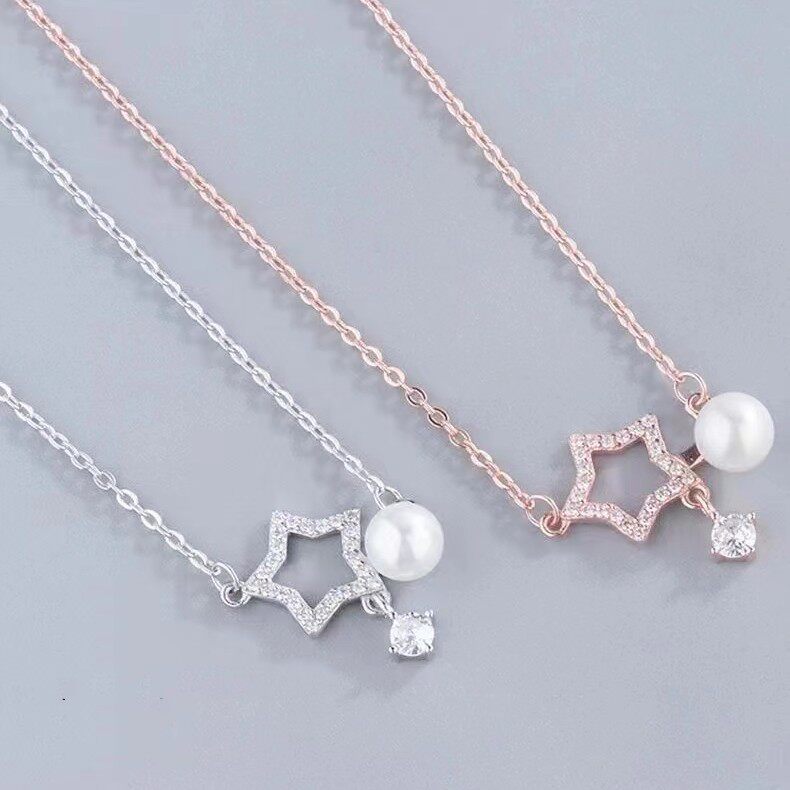 Au750纯18K玫瑰金镶嵌美国进口D色莫桑石星星珍珠项链韩系高级感