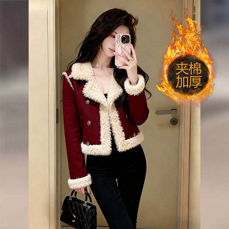 小香风红色羊羔绒短外套女2025冬季新款独特漂亮气质加厚上衣