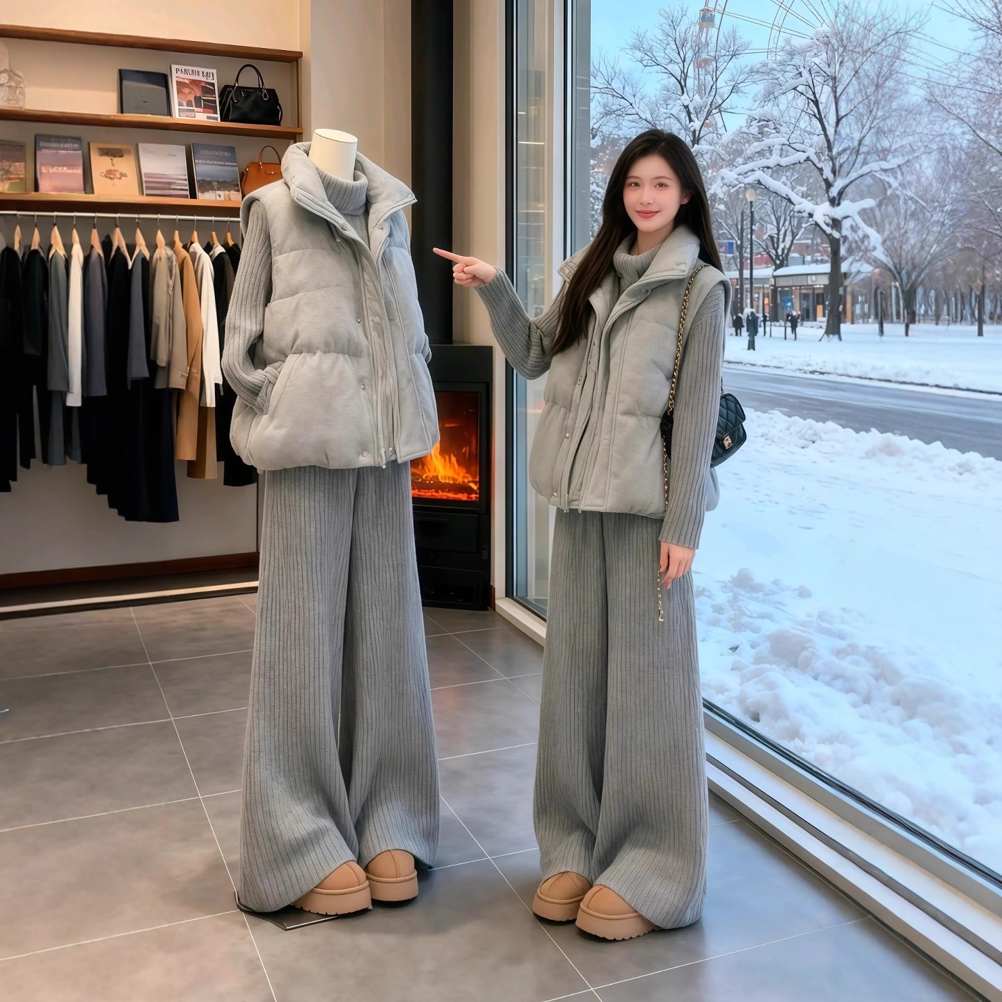 超好看韩式灰色羽绒棉马甲女士冬季新款加厚棉服马夹叠穿针织套装