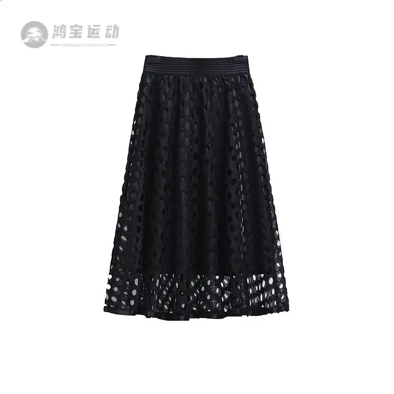 春季新款韩版高腰百搭显瘦a字蓬蓬裙圆圈镂空蕾丝中长款半身裙女