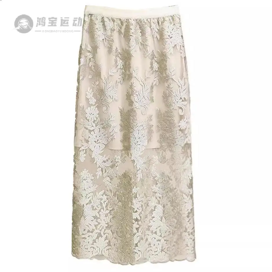 蕾丝绣花网纱半身裙女夏季新款法式感包臀a字垂感显瘦中长裙A字裙