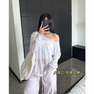 大领口宽松运动罩衫女露肩透气健身服轻薄瑜伽长袖遮肉显瘦上衣