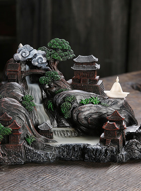 新品树脂沉香倒流香炉家居饰品摆件创意高山流水禅意回流香炉原创