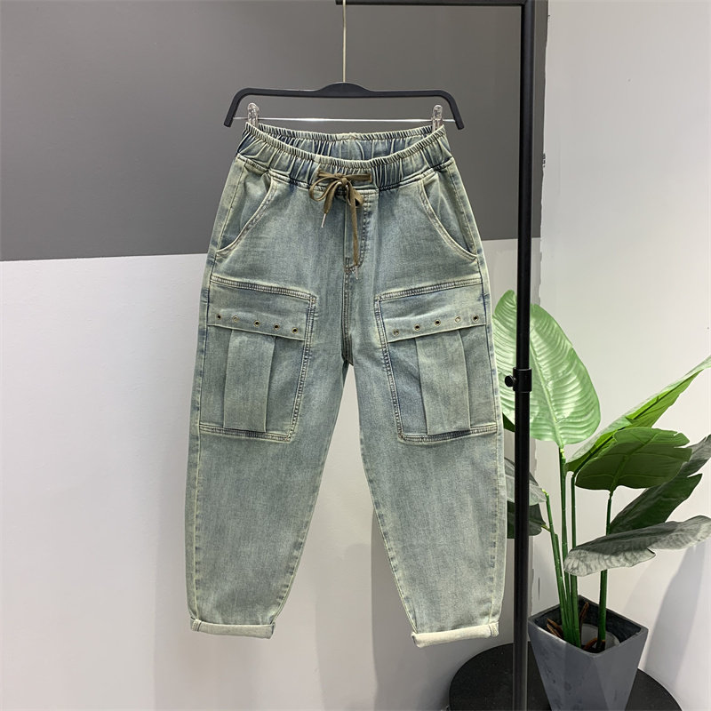 松紧腰口袋工装牛仔哈伦裤女2026年春季新款百搭宽松显瘦老爹垮裤,女装/女士精品,牛仔裤,淘宝优惠券,粉丝福利购,淘宝优惠卷