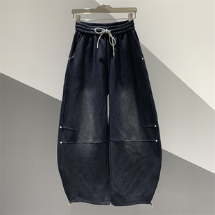 女百搭宽松加绒加厚阔腿拖地长裤 2025年秋冬新款 松紧腰休闲弯刀裤