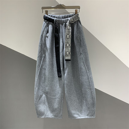 2025年秋冬新款加绒保暖休闲阔腿裤女百搭宽松加厚拼接弯刀裤长裤