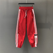宽松束脚哈伦裤 红色运动裤 欧货女春夏新款 时尚 高腰个性 条纹休闲裤