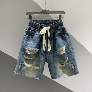 中裤 2026年夏季 女百搭宽松直筒裤 复古水洗破洞乞丐牛仔五分裤 新款