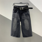 子百搭八分阔腿裤 高腰宽松七分做旧水洗牛仔直筒裤 女 新款 2026夏季