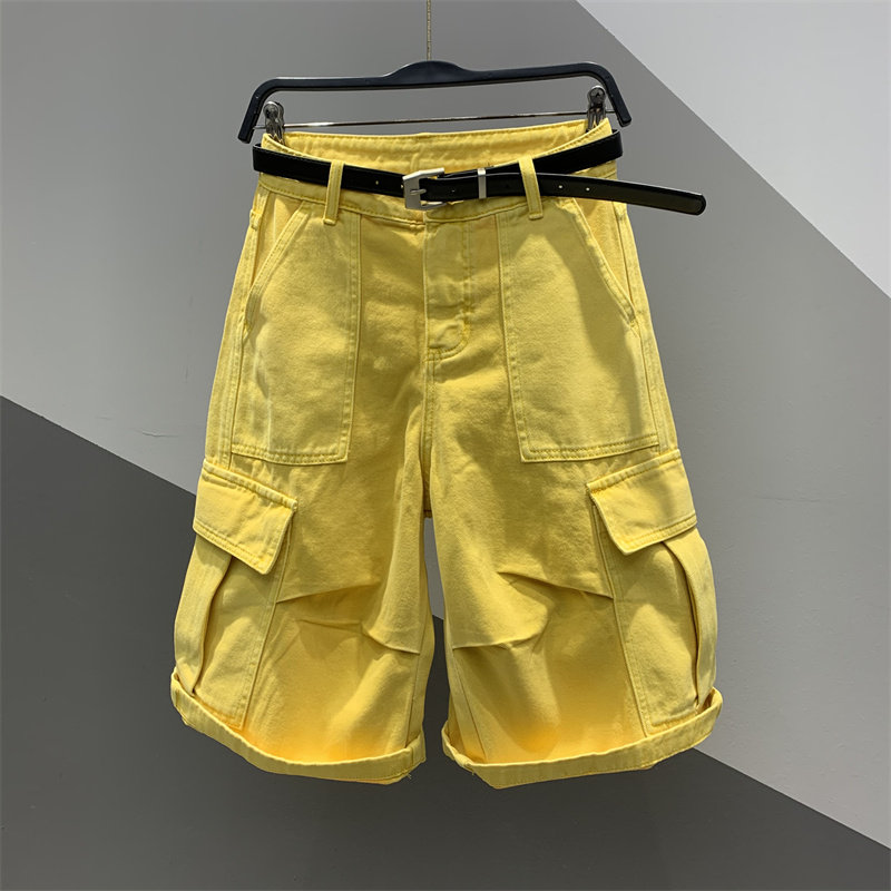 2025年夏季新款口袋工装牛仔直筒裤女百搭宽松显瘦卷边六分阔腿裤