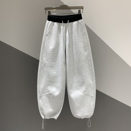 2026春季新款撞色抽绳松紧腰休闲运动宽松显瘦拖地束脚哈伦长裤女