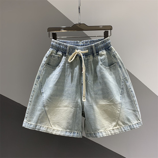 女百搭宽松显瘦阔腿中裤 松紧腰复古做旧牛仔五分裤 新款 2026年夏季