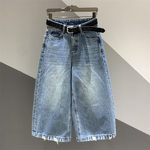 垮裤 2026年春季 女百搭宽松显瘦八分老爹裤 做旧水洗牛仔阔腿裤 新款