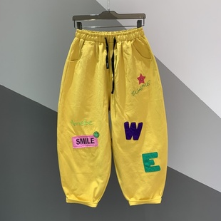 宽松贴布老爹哈伦长裤 松紧腰笑脸字母刺绣牛仔垮裤 女 新款 2025秋季