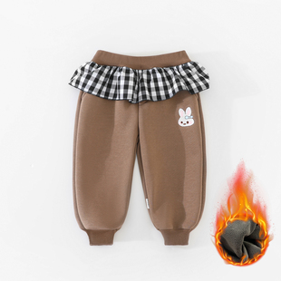 斑巴豆迪 冬季宝宝加绒加厚卫裤幼儿园女童荷叶花边外出休闲裤