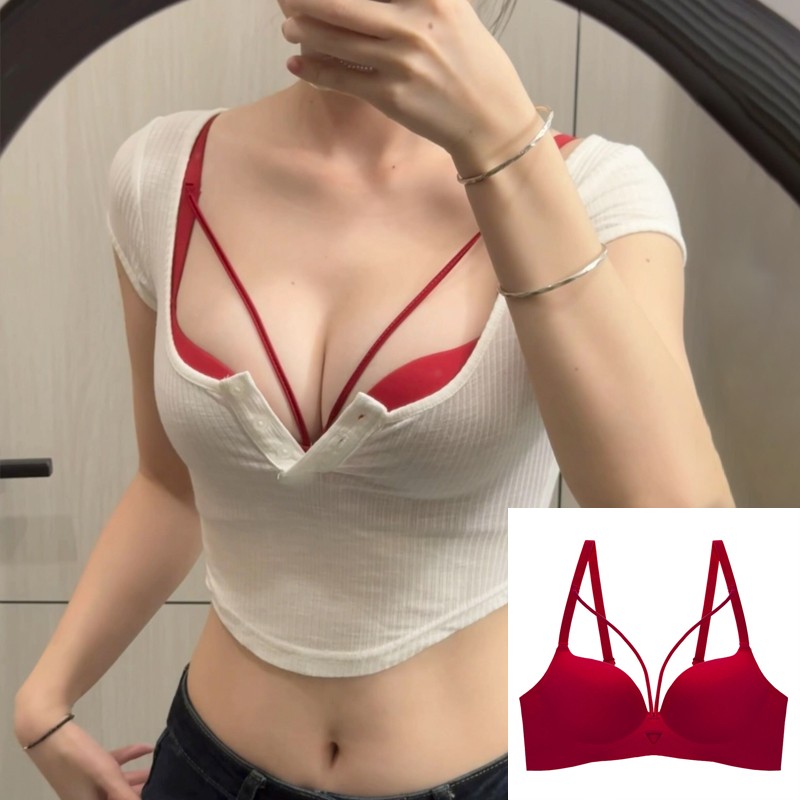 本命年红色性感内衣女小胸聚拢型显大无钢圈绑带挂脖文胸内搭纯欲