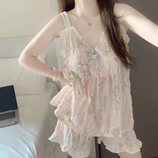 吊带短裤 新款 睡衣女夏季 亲肤棉甜美小碎花家居服套 带胸垫一体