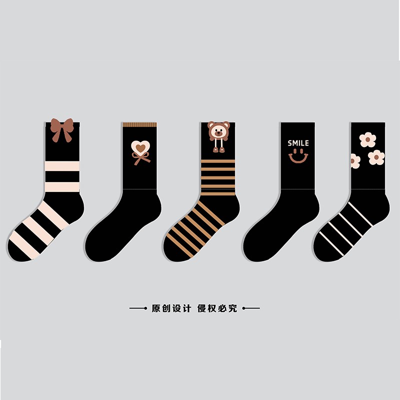 五双装/25年秋冬季高筒女士袜子森系韩系羽毛纱潮流棉袜蝴蝶结