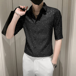 青年痞帅短袖印花衬衫男休闲修身衬衣男士上衣301A-1/CS351/P55图片