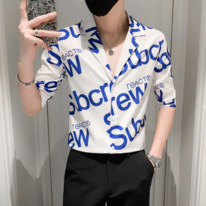 夏季男士西装领男士短袖衬衫青年印花休闲衬衣301A-1/CS251/P55黑图片