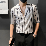 黑夏季新款男士短袖条纹衬衫男西装领休闲寸衣301A-1/CS255/P55，男装衬衫，星座301A-1