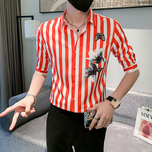 黑 痞帅男夏装中袖新款衬衫休闲印花寸衣男301A-1/CS362/P55图片