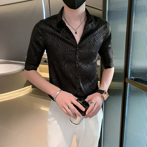 黑夏装男士新款中袖衬衫轻熟风提花五分袖寸衣301A-1/CS350/P55