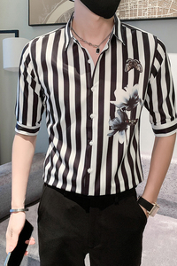 黑 痞帅男夏装中袖新款衬衫休闲印花寸衣男301A-1/CS362/P55图片