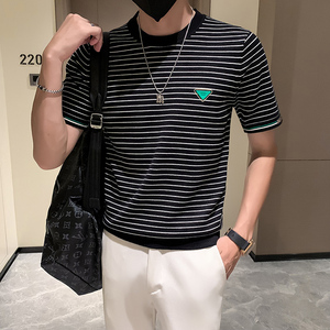秋季针织短袖条纹T恤男修身内搭毛衣打底衫301A-1/M03/P48控68图片