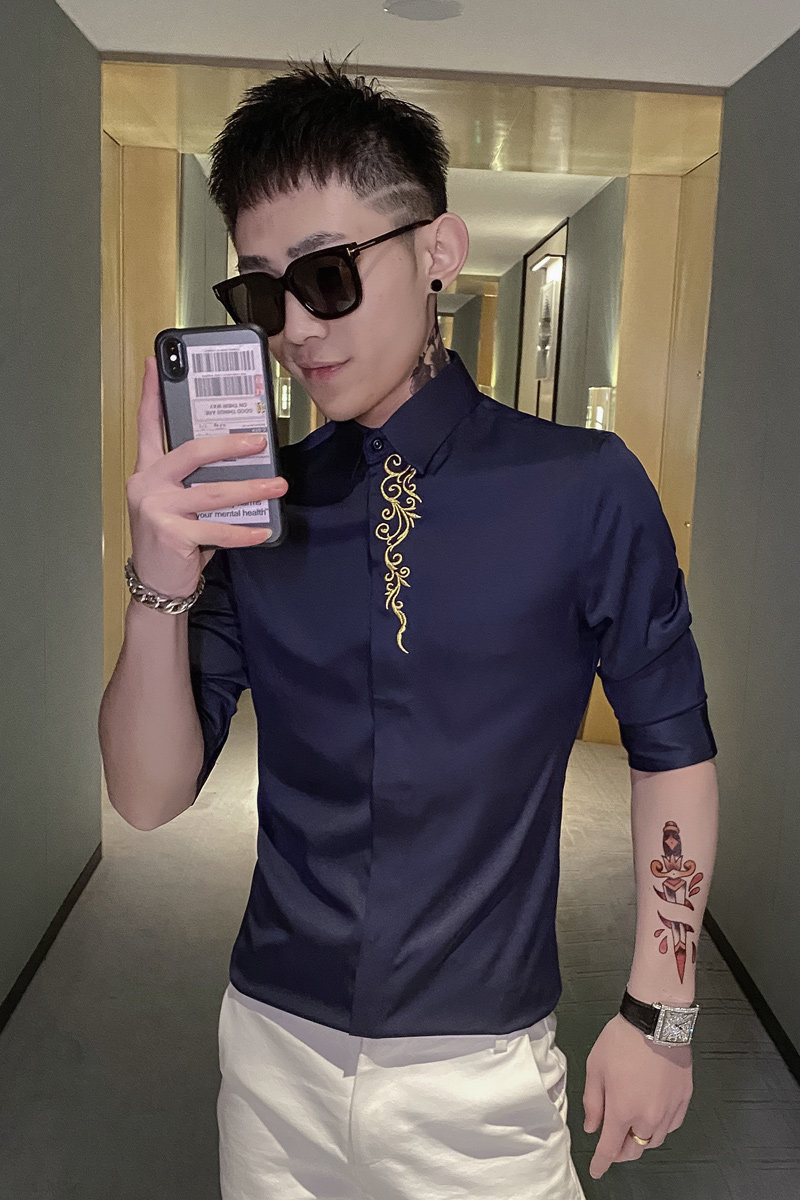 红新款衬衫男社会精神小伙刺绣修身七分袖衬衫301A-1/CS220/P55,男装衬衫,星座301A-1
