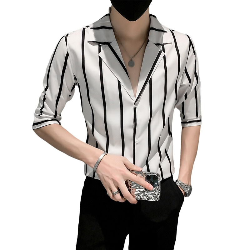 黑夏季新款男士短袖条纹衬衫男西装领休闲寸衣301A-1/CS255/P55,男装衬衫,星座301A-1